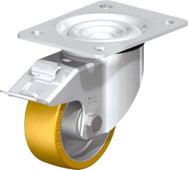 Blickle - 4" Diam x 1-9/16" Wide x 5-7/64" OAH Top Plate Mount Swivel Caster with Brake - Polyurethane-Elastomer Blickle Extrathane, 550 Lb Capacity, Ball Bearing, 5-1/2 x 4-3/8" Plate - Exact Tool & Supply