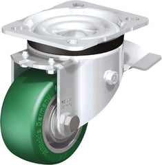 Blickle - 3" Diam x 1-9/16" Wide x 4-21/64" OAH Top Plate Mount Swivel Caster with Brake - Polyurethane-Elastomer Blickle Softhane, 506 Lb Capacity, Ball Bearing, 3-15/16 x 3-3/8" Plate - Exact Tool & Supply