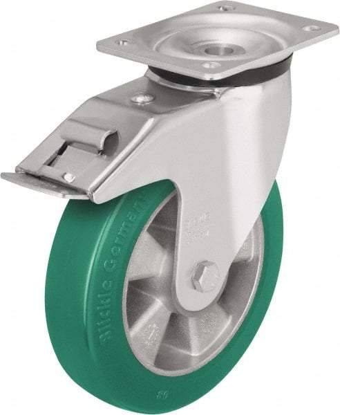 Blickle - 8" Diam x 2" Wide x 9-21/32" OAH Top Plate Mount Swivel Caster with Brake - Polyurethane-Elastomer Blickle Softhane, 1,320 Lb Capacity, Ball Bearing, 5-1/2 x 4-3/8" Plate - Exact Tool & Supply