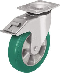 Blickle - 6-1/2" Diam x 2" Wide x 7-61/64" OAH Top Plate Mount Swivel Caster with Brake - Polyurethane-Elastomer Blickle Softhane, 1,210 Lb Capacity, Ball Bearing, 5-1/2 x 4-3/8" Plate - Exact Tool & Supply