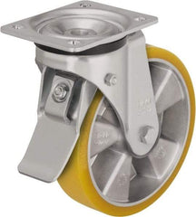 Blickle - 5" Diam x 2-1/8" Wide x 6-11/16" OAH Top Plate Mount Swivel Caster with Brake - Polyurethane-Elastomer Blickle Extrathane, 990 Lb Capacity, Ball Bearing, 5-1/2 x 4-3/8" Plate - Exact Tool & Supply