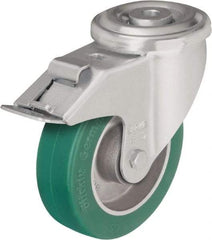 Blickle - 5" Diam x 1-37/64" Wide x 6-7/64" OAH Hollow Kingpin Mount Swivel Caster with Brake - Polyurethane-Elastomer Blickle Softhane, 770 Lb Capacity, Ball Bearing, Hollow Kingpin Stem - Exact Tool & Supply