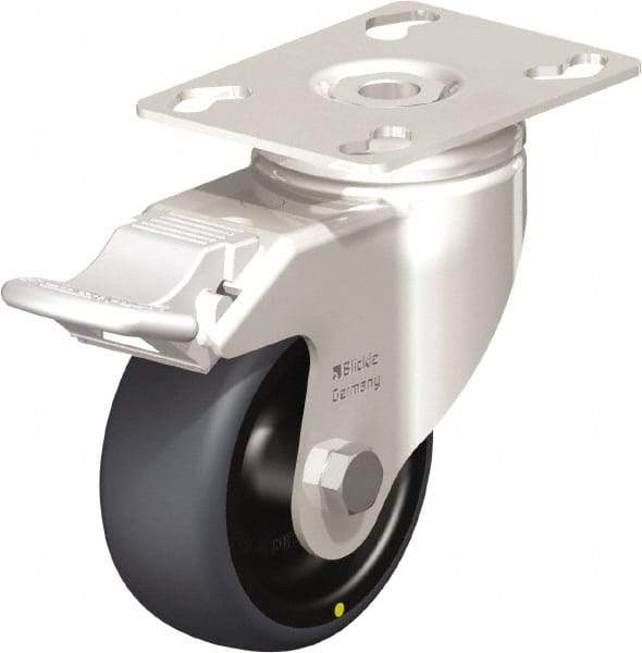 Blickle - 3" Diam x 1-1/4" Wide x 4-3/8" OAH Top Plate Mount Swivel Caster with Brake - Thermoplastic Rubber Elastomer (TPE), 143 Lb Capacity, Plain Bore Bearing, 3-9/16 x 2-5/8" Plate - Exact Tool & Supply