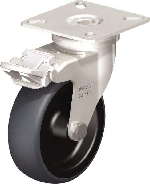 Blickle - 3" Diam x 63/64" Wide x 3-15/16" OAH Top Plate Mount Swivel Caster with Brake - Thermoplastic Rubber Elastomer (TPE), 165 Lb Capacity, Plain Bore Bearing, 2-3/8 x 2-3/8" Plate - Exact Tool & Supply