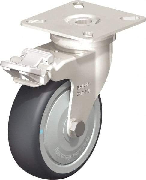Blickle - 3" Diam x 63/64" Wide x 3-15/16" OAH Top Plate Mount Swivel Caster with Brake - Thermoplastic Rubber Elastomer (TPE), 165 Lb Capacity, Ball Bearing, 2-3/8 x 2-3/8" Plate - Exact Tool & Supply