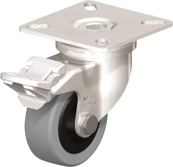 Blickle - 2" Diam x 45/64" Wide x 2-51/64" OAH Top Plate Mount Swivel Caster with Brake - Solid Rubber, 88 Lb Capacity, Plain Bore Bearing, 2-3/8 x 2-3/8" Plate - Exact Tool & Supply