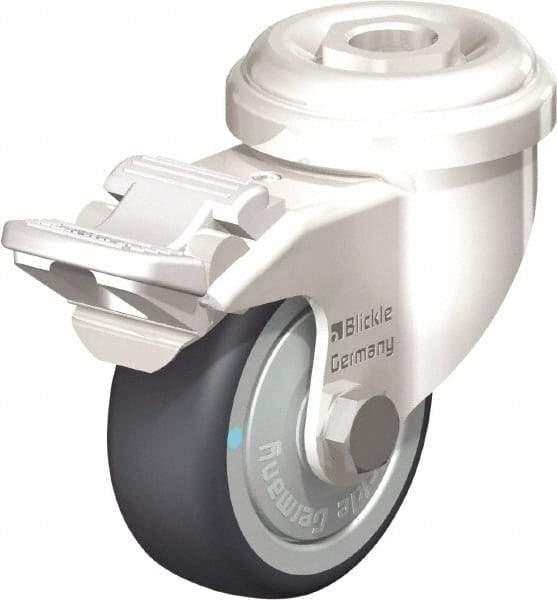 Blickle - 2" Diam x 3/4" Wide x 2-23/32" OAH Hollow Kingpin Mount Swivel Caster with Brake - Thermoplastic Rubber Elastomer (TPE), 110 Lb Capacity, Ball Bearing, Hollow Kingpin Stem - Exact Tool & Supply