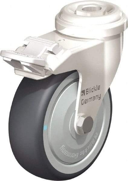 Blickle - 3" Diam x 63/64" Wide x 3-27/32" OAH Hollow Kingpin Mount Swivel Caster with Brake - Thermoplastic Rubber Elastomer (TPE), 165 Lb Capacity, Ball Bearing, Hollow Kingpin Stem - Exact Tool & Supply