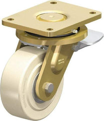 Blickle - 6" Diam x 2-5/32" Wide x 8-5/64" OAH Top Plate Mount Swivel Caster with Brake - Impact-Resistant Cast Nylon, 5,500 Lb Capacity, Ball Bearing, 6-7/8 x 5-1/2" Plate - Exact Tool & Supply