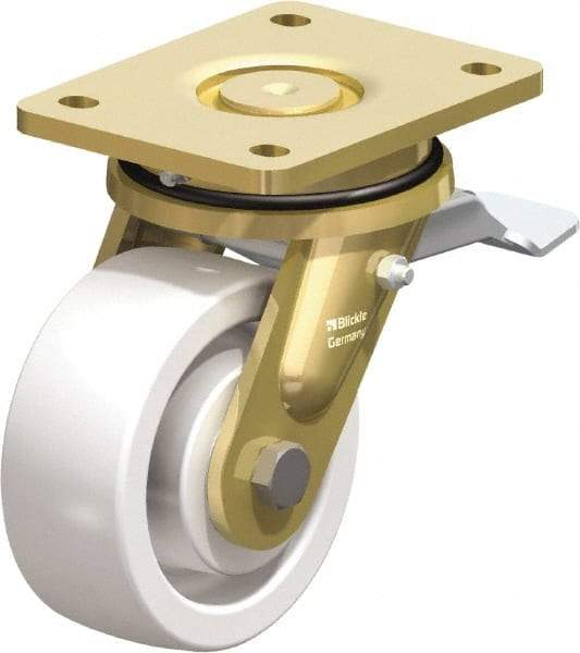 Blickle - 5" Diam x 1-31/32" Wide x 6-11/16" OAH Top Plate Mount Swivel Caster with Brake - Impact-Resistant Nylon, 1,650 Lb Capacity, Ball Bearing, 5-1/2 x 4-3/8" Plate - Exact Tool & Supply