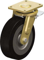 Blickle - 10" Diam x 3-9/64" Wide x 12" OAH Top Plate Mount Swivel Caster with Brake - Solid Rubber, 2,200 Lb Capacity, Ball Bearing, 6-7/8 x 5-1/2" Plate - Exact Tool & Supply