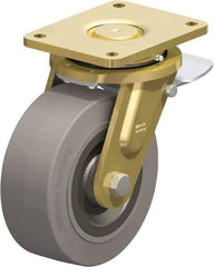 Blickle - 8" Diam x 3-9/64" Wide x 10-1/32" OAH Top Plate Mount Swivel Caster with Brake - Solid Rubber, 1,870 Lb Capacity, Ball Bearing, 6-7/8 x 5-1/2" Plate - Exact Tool & Supply
