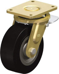 Blickle - 8" Diam x 3-9/64" Wide x 10-1/32" OAH Top Plate Mount Swivel Caster with Brake - Solid Rubber, 1,870 Lb Capacity, Ball Bearing, 6-7/8 x 5-1/2" Plate - Exact Tool & Supply