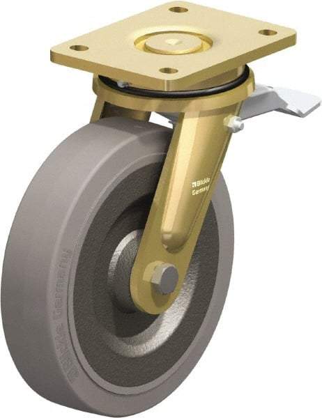 Blickle - 8" Diam x 1-31/32" Wide x 9-41/64" OAH Top Plate Mount Swivel Caster with Brake - Solid Rubber, 1,320 Lb Capacity, Ball Bearing, 5-1/2 x 4-3/8" Plate - Exact Tool & Supply
