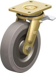 Blickle - 8" Diam x 1-31/32" Wide x 9-41/64" OAH Top Plate Mount Swivel Caster with Brake - Solid Rubber, 1,320 Lb Capacity, Ball Bearing, 5-1/2 x 4-3/8" Plate - Exact Tool & Supply