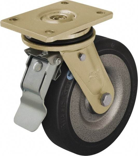 Blickle - 6-1/2" Diam x 1-31/32" Wide x 8-1/16" OAH Top Plate Mount Swivel Caster with Brake - Solid Rubber, 990 Lb Capacity, Ball Bearing, 5-1/2 x 4-3/8" Plate - Exact Tool & Supply