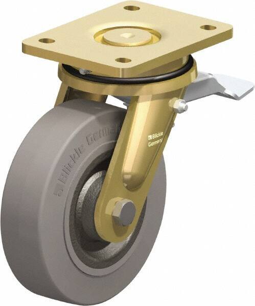 Blickle - 6-1/2" Diam x 1-31/32" Wide x 8-1/16" OAH Top Plate Mount Swivel Caster with Brake - Solid Rubber, 990 Lb Capacity, Ball Bearing, 5-1/2 x 4-3/8" Plate - Exact Tool & Supply