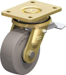 Blickle - 5" Diam x 1-31/32" Wide x 6-11/16" OAH Top Plate Mount Swivel Caster with Brake - Solid Rubber, 704 Lb Capacity, Ball Bearing, 5-1/2 x 4-3/8" Plate - Exact Tool & Supply