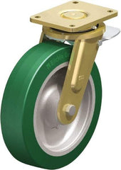 Blickle - 12" Diam x 3-9/64" Wide x 13-31/32" OAH Top Plate Mount Swivel Caster with Brake - Polyurethane-Elastomer Blickle Softhane, 3,960 Lb Capacity, Ball Bearing, 6-7/8 x 5-1/2" Plate - Exact Tool & Supply