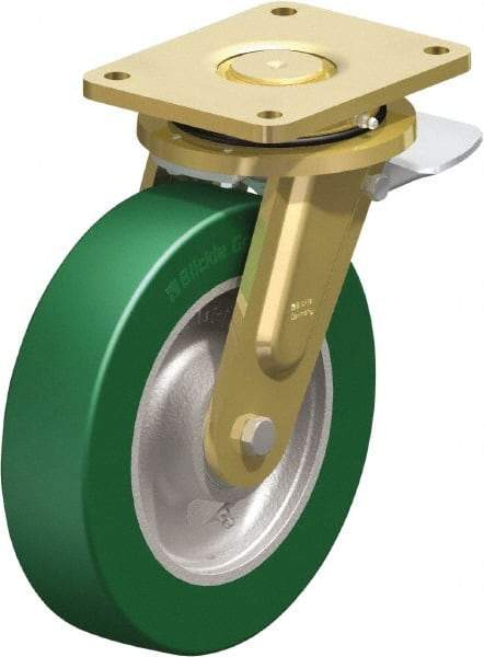Blickle - 10" Diam x 2-23/64" Wide x 12" OAH Top Plate Mount Swivel Caster with Brake - Polyurethane-Elastomer Blickle Softhane, 2,640 Lb Capacity, Ball Bearing, 6-7/8 x 5-1/2" Plate - Exact Tool & Supply