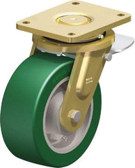 Blickle - 8" Diam x 3-9/64" Wide x 10-1/32" OAH Top Plate Mount Swivel Caster with Brake - Polyurethane-Elastomer Blickle Softhane, 2,640 Lb Capacity, Ball Bearing, 6-7/8 x 5-1/2" Plate - Exact Tool & Supply