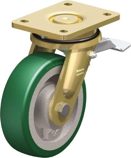 Blickle - 6-1/2" Diam x 1-31/32" Wide x 8-5/64" OAH Top Plate Mount Swivel Caster with Brake - Polyurethane-Elastomer Blickle Softhane, 1,320 Lb Capacity, Ball Bearing, 5-1/2 x 4-3/8" Plate - Exact Tool & Supply