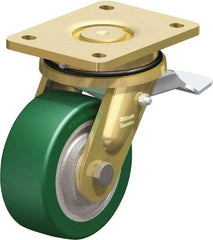 Blickle - 5" Diam x 1-31/32" Wide x 6-11/16" OAH Top Plate Mount Swivel Caster with Brake - Polyurethane-Elastomer Blickle Softhane, 990 Lb Capacity, Ball Bearing, 5-1/2 x 4-3/8" Plate - Exact Tool & Supply