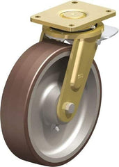 Blickle - 12" Diam x 3-9/64" Wide x 13-31/32" OAH Top Plate Mount Swivel Caster with Brake - Polyurethane-Elastomer Blickle Besthane, 5,280 Lb Capacity, Ball Bearing, 6-7/8 x 5-1/2" Plate - Exact Tool & Supply