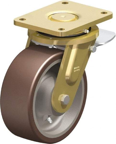 Blickle - 8" Diam x 3-9/64" Wide x 10-1/32" OAH Top Plate Mount Swivel Caster with Brake - Polyurethane-Elastomer Blickle Besthane, 3,520 Lb Capacity, Ball Bearing, 6-7/8 x 5-1/2" Plate - Exact Tool & Supply