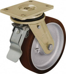 Blickle - 10" Diam x 2-23/64" Wide x 12" OAH Top Plate Mount Swivel Caster with Brake - Polyurethane-Elastomer Blickle Besthane, 3,300 Lb Capacity, Ball Bearing, 6-7/8 x 5-1/2" Plate - Exact Tool & Supply