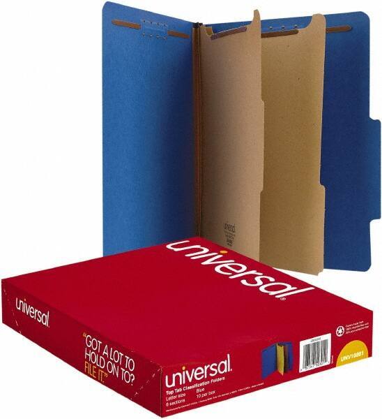 UNIVERSAL - 8-1/2 x 11", Letter Size, Cobalt Blue, Classification Folders with Top Tab Fastener - 25 Point Stock, Right of Center Tab Cut Location - Exact Tool & Supply