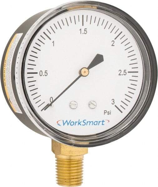 Value Collection - 2-1/2" Dial, 1/4 Thread, 0-3 Scale Range, Pressure Gauge - Lower Connection Mount, Accurate to 1.5% of Scale - Exact Tool & Supply
