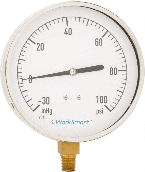 Value Collection - 4-1/2" Dial, 1/4 Thread, 30-0-100 Scale Range, Pressure Gauge - Lower Connection Mount, Accurate to 0.01% of Scale - Exact Tool & Supply
