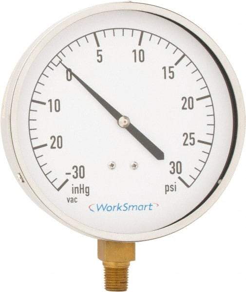 Value Collection - 4-1/2" Dial, 1/4 Thread, 30-0-30 Scale Range, Pressure Gauge - Lower Connection Mount, Accurate to 0.01% of Scale - Exact Tool & Supply