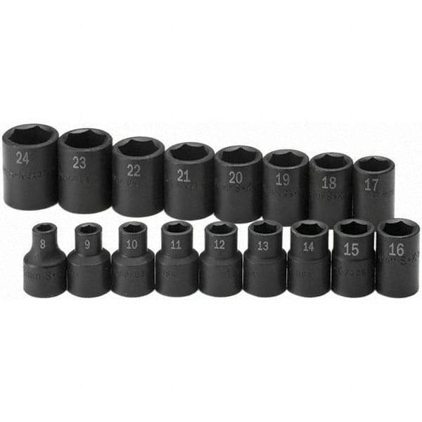 SK - 1/2" Drive Standard Impact Socket Set - 8 to 24mm, Metric Measurement Standard - Exact Tool & Supply