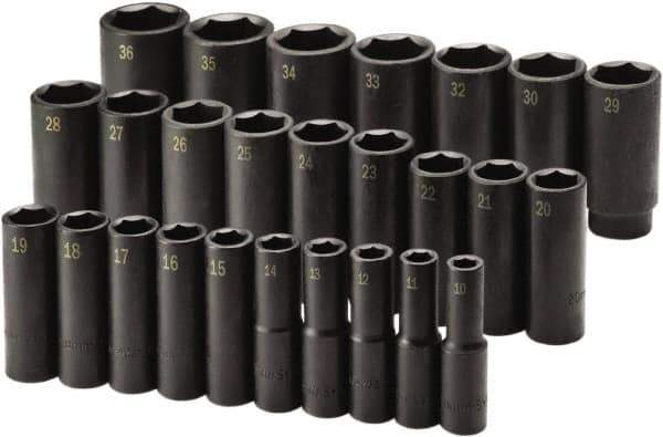 SK - 26 Piece 1/2" Drive Deep Impact Socket Set - 6 Points, 10 to 36mm, Metric Measurement Standard - Exact Tool & Supply