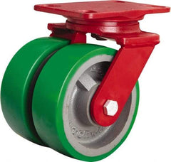 Hamilton - 6" Diam x 2" Wide x 7-3/4" OAH Top Plate Mount Swivel Caster - Polyurethane Mold onto Cast Iron Center, 2,400 Lb Capacity, Sealed Precision Ball Bearing, 4-1/2 x 6-1/2" Plate - Exact Tool & Supply