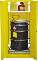 Securall Cabinets - 31" Wide x 31" Deep x 65" High, 18 Gauge Steel Vertical Drum Cabinet with 3 Point Key Lock - Yellow, Manual Closing Door, 1 Shelf, 1 Drum, Drum Rollers Included - Exact Tool & Supply