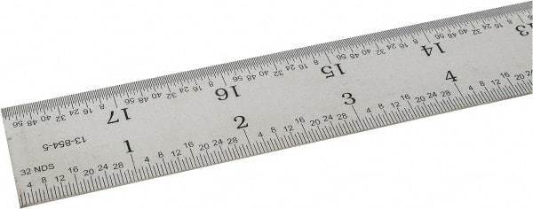 SPI - 18" Long, 1/64, 1/32" and 0.5, 1mm Graduation, Rigid Steel Rule - English/Metric Graduation Style, 1-1/8" Wide, Silver, Satin Chrome Finish - Exact Tool & Supply