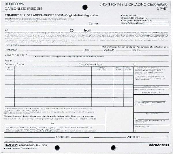 REDIFORM - 50 Sheet, 8-1/2 x 7", Bill of Lading - White - Exact Tool & Supply