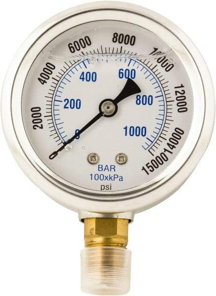 Value Collection - 0 to 15,000 Scale Range Pressure Liquid Filled Gauge - 1.5% of Scale Accuracy - Exact Tool & Supply