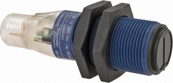 Telemecanique Sensors - 4 Pin M12 Connector, 4m Nominal Distance, Shock and Vibration Resistant, Retroreflective Photoelectric Sensor - 12 to 24 VDC, 500 Hz, PBT, 60mm Long x 18mm Wide - Exact Tool & Supply