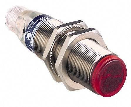 Telemecanique Sensors - 4 Pin M12 Connector, 15m Nominal Distance, Shock and Vibration Resistant, Through Beam Photoelectric Sensor - 12 to 24 VDC, 500 Hz, Nickel Plated Brass, 2.36 Inch Long x 0.71 Inch Wide - Exact Tool & Supply
