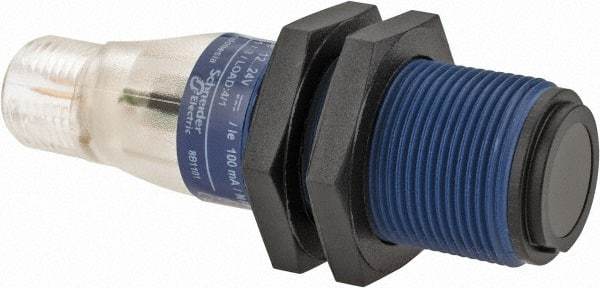 Telemecanique Sensors - 4 Pin M12 Connector, 15m Nominal Distance, Shock and Vibration Resistant, Through Beam Photoelectric Sensor - 12 to 24 VDC, 500 Hz, PBT, 2.36 Inch Long x 0.71 Inch Wide - Exact Tool & Supply