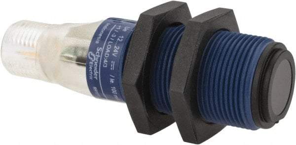 Telemecanique Sensors - 4 Pin M12 Connector, 15m Nominal Distance, Shock and Vibration Resistant, Through Beam Photoelectric Sensor - 12 to 24 VDC, 500 Hz, PBT, 2.36 Inch Long x 0.71 Inch Wide - Exact Tool & Supply