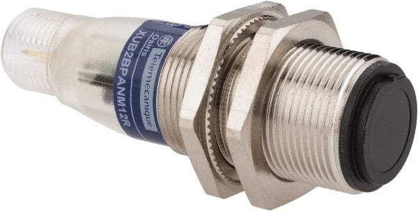 Telemecanique Sensors - 4 Pin M12 Connector, 15m Nominal Distance, Shock and Vibration Resistant, Through Beam Photoelectric Sensor - 12 to 24 VDC, 500 Hz, Nickel Plated Brass, 2.36 Inch Long x 0.71 Inch Wide - Exact Tool & Supply