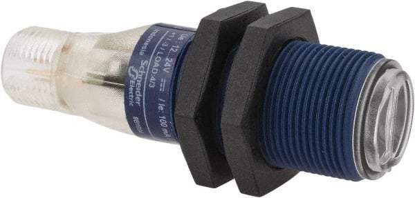 Telemecanique Sensors - 4 Pin M12 Connector, 0.1m Nominal Distance, Shock and Vibration Resistant, Diffused Photoelectric Sensor - 12 to 24 VDC, 500 Hz, PBT, 2.36 Inch Long x 0.71 Inch Wide - Exact Tool & Supply
