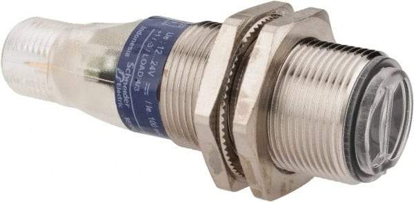 Telemecanique Sensors - 4 Pin M12 Connector, 0.1m Nominal Distance, Shock and Vibration Resistant, Diffused Photoelectric Sensor - 12 to 24 VDC, 500 Hz, Nickel Plated Brass, 2.36 Inch Long x 0.71 Inch Wide - Exact Tool & Supply