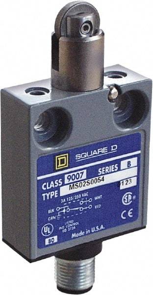 Square D - SPDT, NC/NO, Multiple VDC Levels, 4 Pin AC Micro Connector Terminal, Parallel Roller Plunger Actuator, General Purpose Limit Switch - 1, 2, 4, 6, 6P NEMA Rating, IP67 IPR Rating, 80 Ounce Operating Force - Exact Tool & Supply