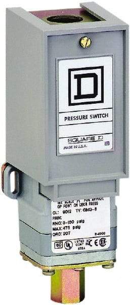 Square D - 1 NEMA Rated, SPDT, 13 to 425 psi, Electromechanical Pressure and Level Switch - Adjustable Pressure, 120 VAC at 6 Amp, 125 VDC at 0.22 Amp, 240 VAC at 3 Amp, 250 VDC at 0.27 Amp, 1/4 Inch Connector, Screw Terminal, For Use with 9012G - Exact Tool & Supply